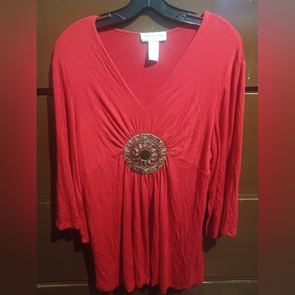 Red Ruched Blouse with Embellished Details (A) - Picture 10 of 11